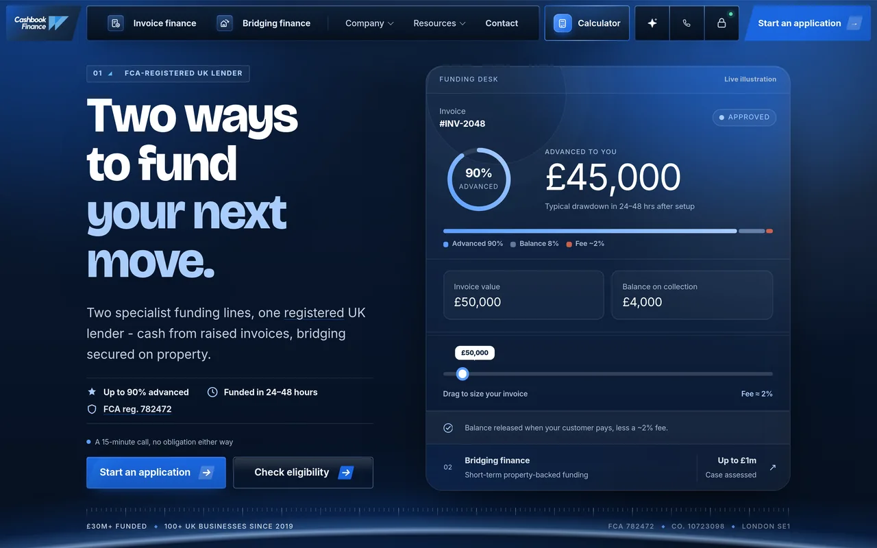 The Cashbook Finance homepage as it first opens on desktop: Two ways to fund your next move, with the interactive funding desk, the key promises and the start-an-application button.